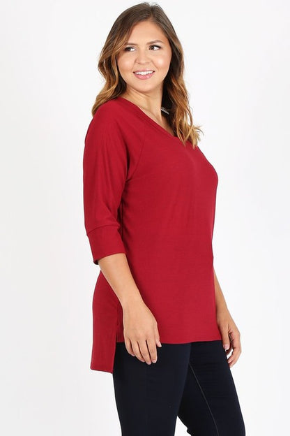 HI Curvy Plus Size Women Knit V-Neck Hi-Low Top