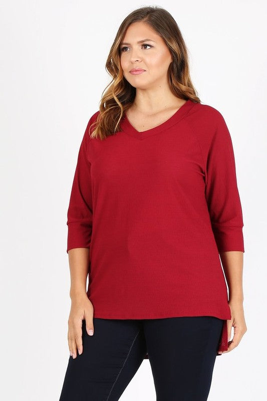 HI Curvy Plus Size Women Knit V-Neck Hi-Low Top