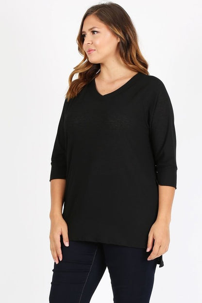 HI Curvy Plus Size Women Knit V-Neck Hi-Low Top