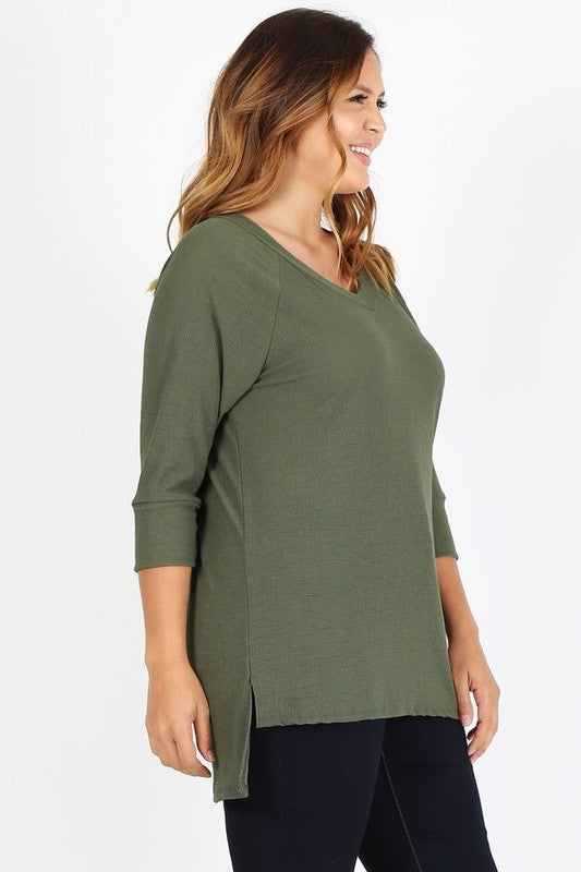 HI Curvy Plus Size Women Knit V-Neck Hi-Low Top