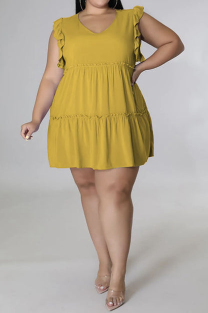 HI Curvy Plus Size Women V-Neck Frill Trim Mini Dress