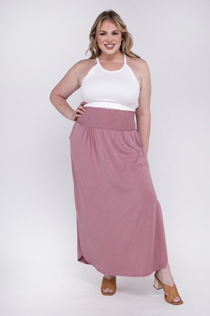 Hi Curvy Plus Size Women Smocked Waist Side Slit Maxi Skirt w/ Pockets