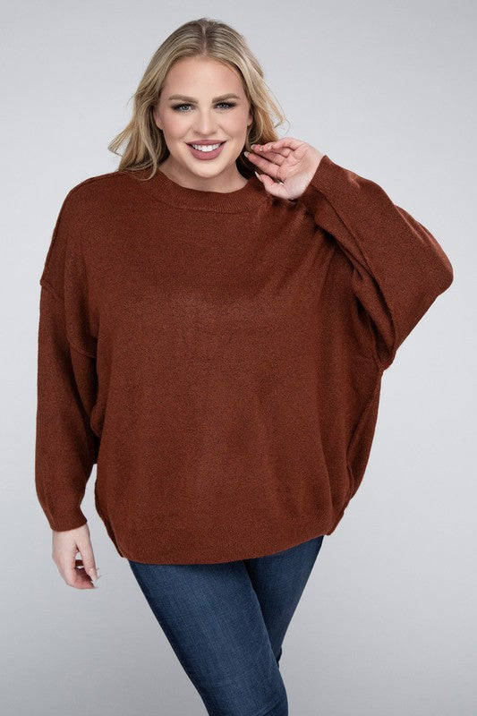 HI Curvy Plus Size Women Oversized Round Neck Raw Seam Melange Sweater