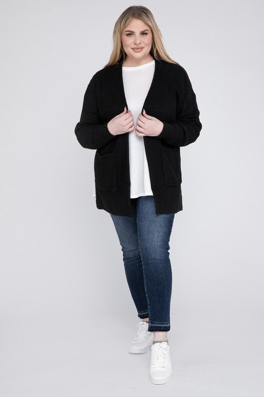 Hi Curvy Plus Size Women Low Gauge Waffle Open Cardigan Sweater