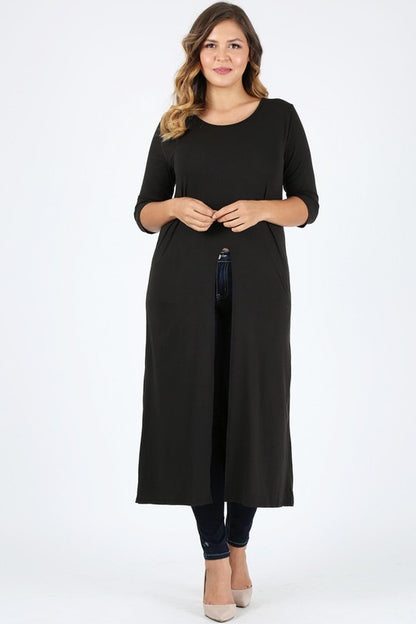 HI Curvy Plus Size Women Slit front  Maxi 3/4 sleeves Shirts