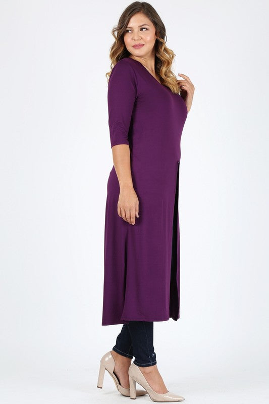 HI Curvy Plus Size Women Slit front  Maxi 3/4 sleeves Shirts