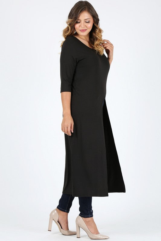 HI Curvy Plus Size Women Slit front  Maxi 3/4 sleeves Shirts