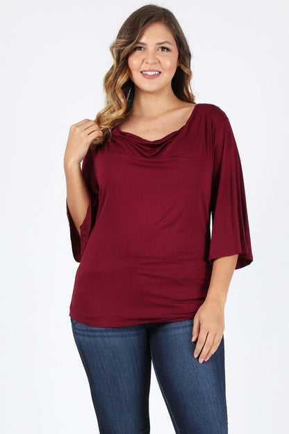 HI Curvy Plus size Women cowl neck basic 3/4 bell sleeves Shirts