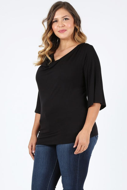 HI Curvy Plus size Women cowl neck basic 3/4 bell sleeves Shirts