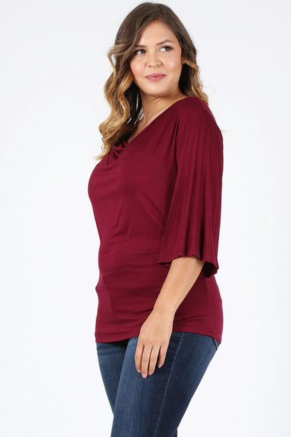 HI Curvy Plus size Women cowl neck basic 3/4 bell sleeves Shirts