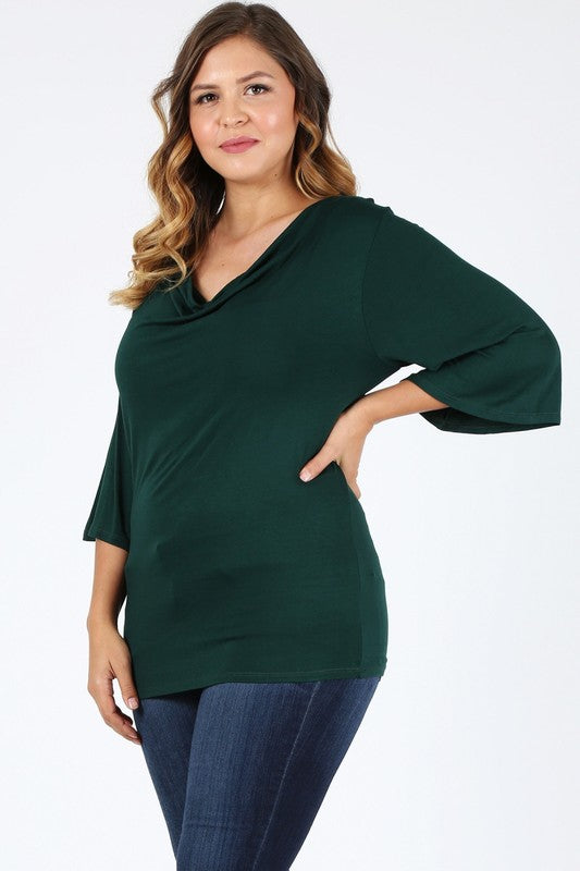 HI Curvy Plus size Women cowl neck basic 3/4 bell sleeves Shirts