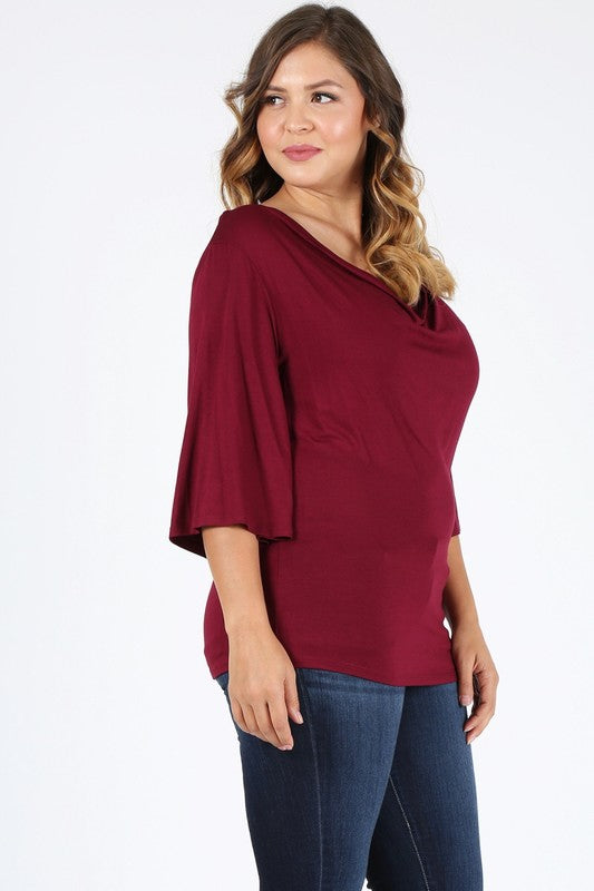 HI Curvy Plus size Women cowl neck basic 3/4 bell sleeves Shirts