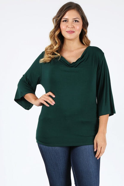 HI Curvy Plus size Women cowl neck basic 3/4 bell sleeves Shirts