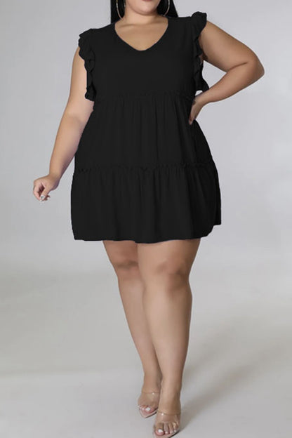 HI Curvy Plus Size Women V-Neck Frill Trim Mini Dress