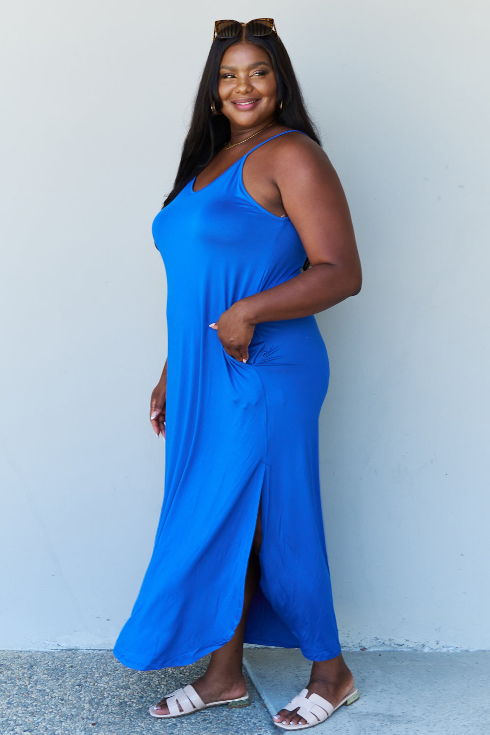 Full Size Cami Side Slit Maxi Dress in Royal Blue