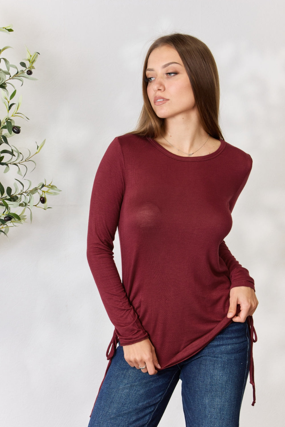 Full Size Drawstring Round Neck Long Sleeve Top