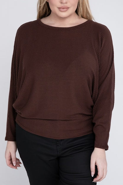 Hi Curvy Plus Size Women Ribbed Batwing Long Sleeve Boat Neck Sweater