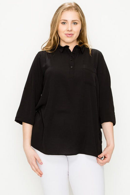 HI Curvy Plus Size Women KOSHIBO ROLL UP SLEEVE 3/4 Sleeve Shirts