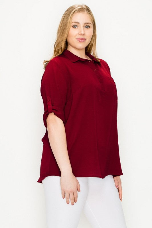 HI Curvy Plus Size Women KOSHIBO ROLL UP SLEEVE 3/4 Sleeve Shirts