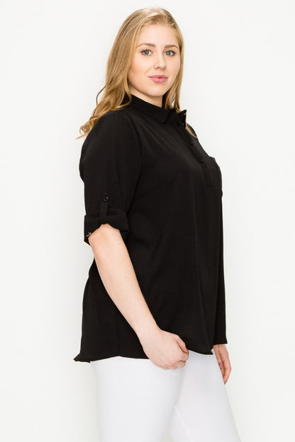 HI Curvy Plus Size Women KOSHIBO ROLL UP SLEEVE 3/4 Sleeve Shirts