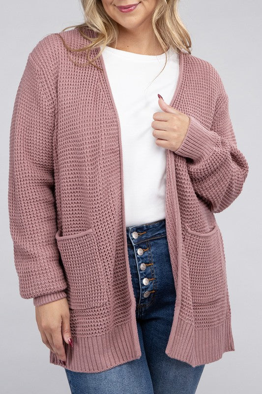 HI Curvy Plus Size Women Low Gauge Waffle Open Cardigan Sweater