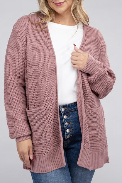 HI Curvy Plus Size Women Low Gauge Waffle Open Cardigan Sweater