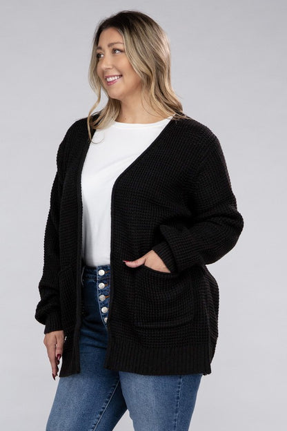 HI Curvy Plus Size Women Low Gauge Waffle Open Cardigan Sweater