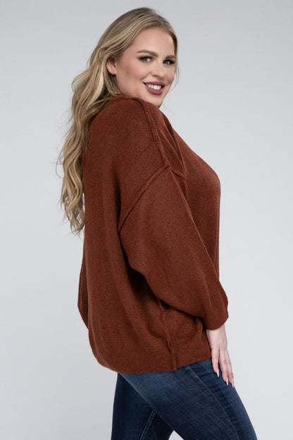 HI Curvy Plus Size Women Oversized Round Neck Raw Seam Melange Sweater