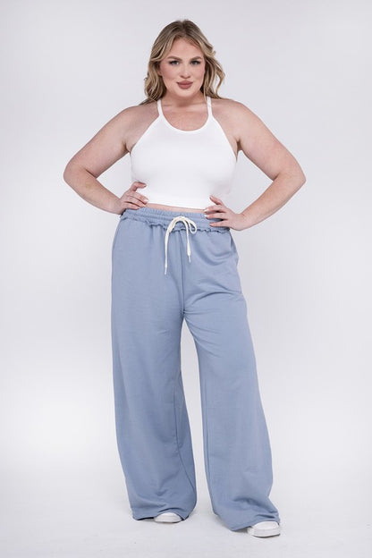 Hi Curvy Plus Size Women F/Terry Drawstring Waist Raw Edge Hem Pants