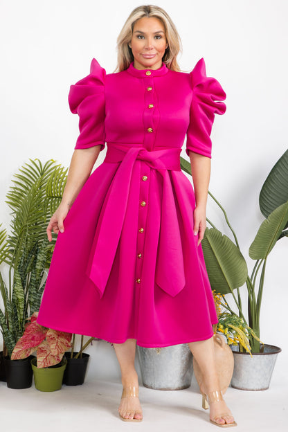 Plus Size Puffy Cap Short Sleeves Button Down Flare Midi Dress With Belt and Pockets