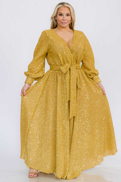 Plus Size Women Bishop Long Sleeve Shimmer Warp Flare Maxi Dresses