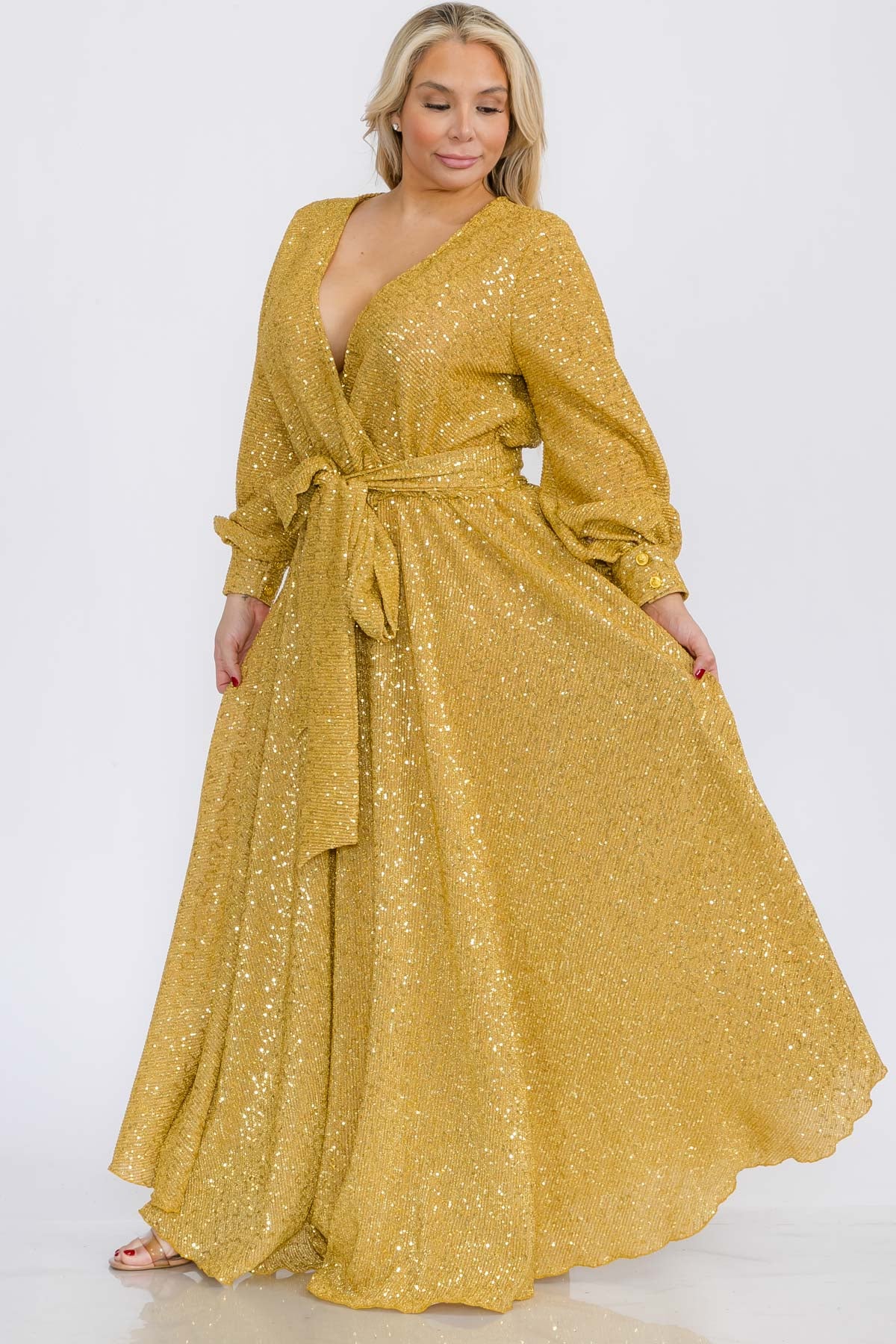 Plus Size Women Bishop Long Sleeve Shimmer Warp Flare Maxi Dresses