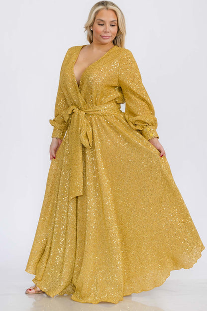 Plus Size Women Bishop Long Sleeve Shimmer Warp Flare Maxi Dresses