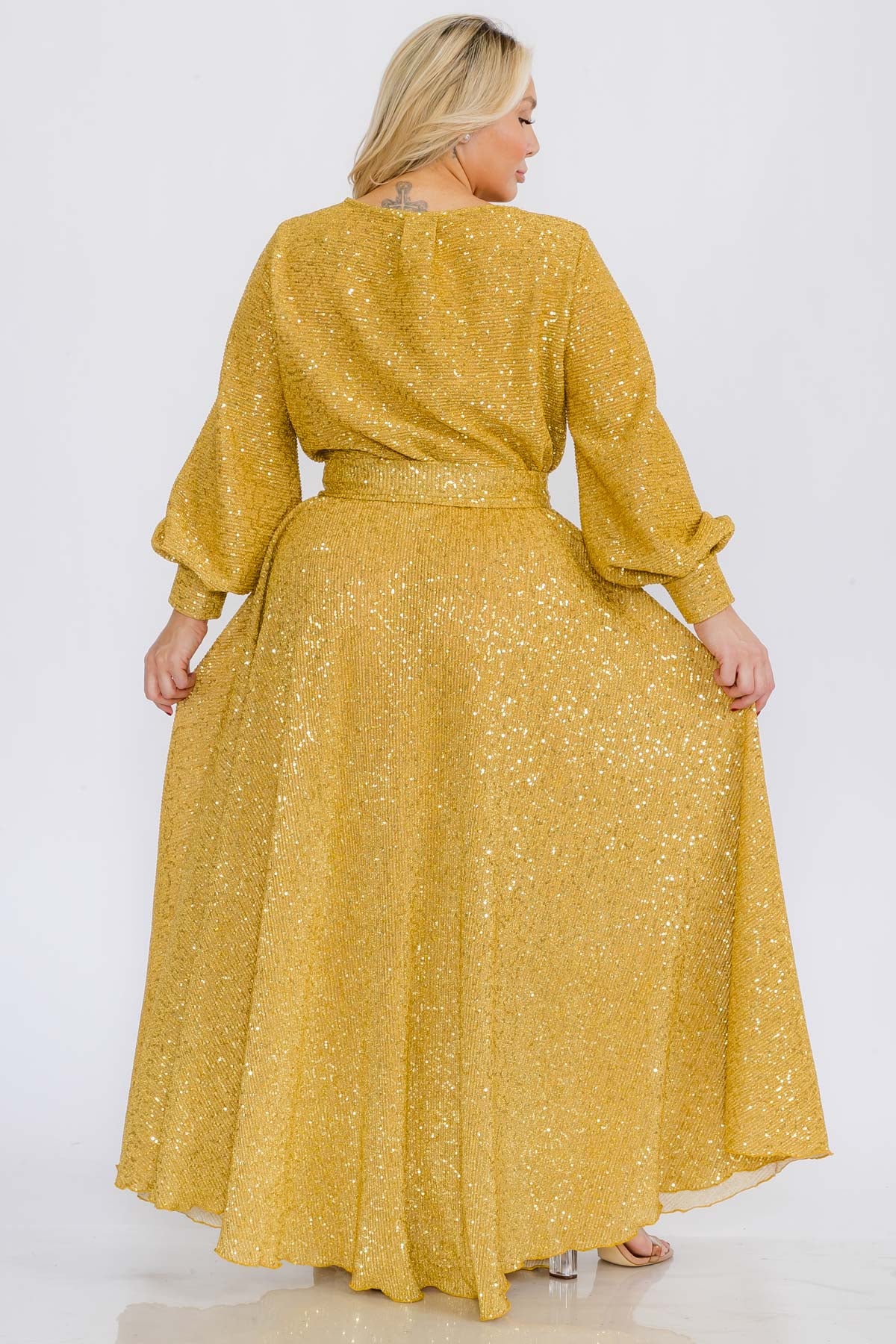 Plus Size Women Bishop Long Sleeve Shimmer Warp Flare Maxi Dresses