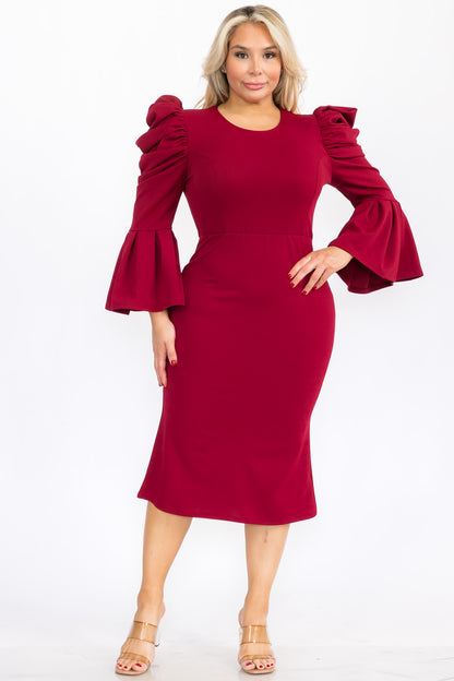 Plus Size Puffy Long Bell Sleeves Fit and Relax Midi Dress