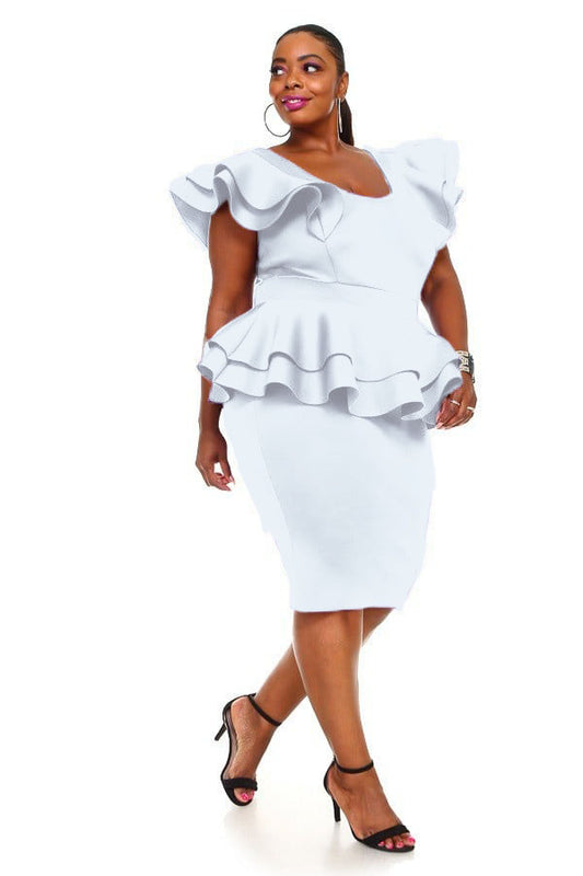Hi Curvy  Plus Size Women Elegant White Cascade Tiered Ruffle MIDI Dress