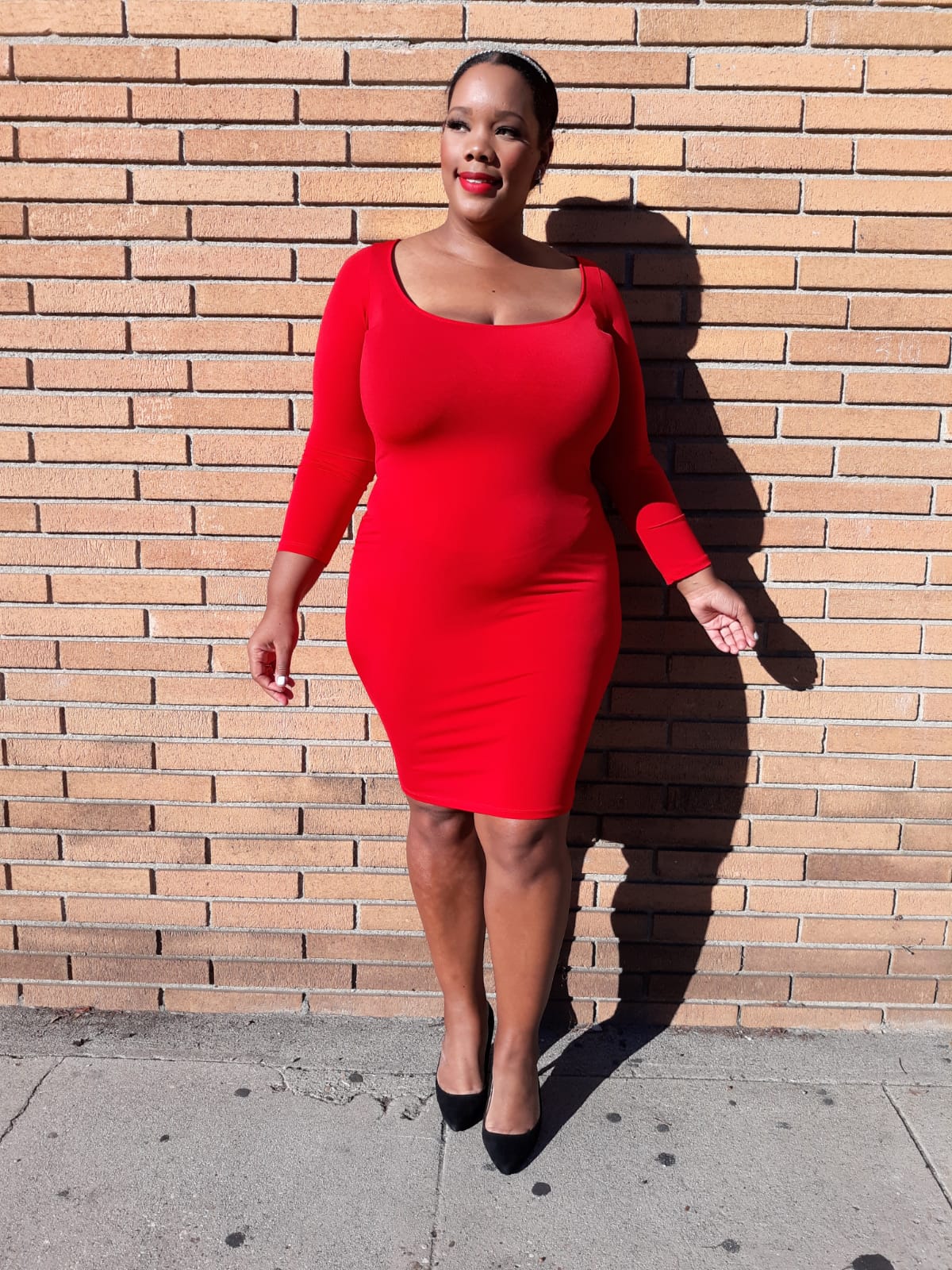 Plus Size Women Long Sleeves Scoop Neck Knee Bodycon Dress