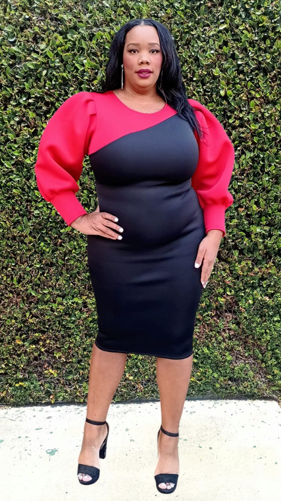 Plus Size Bishop Sleeves Smocked shoulder Two Tone Bodycon Dress