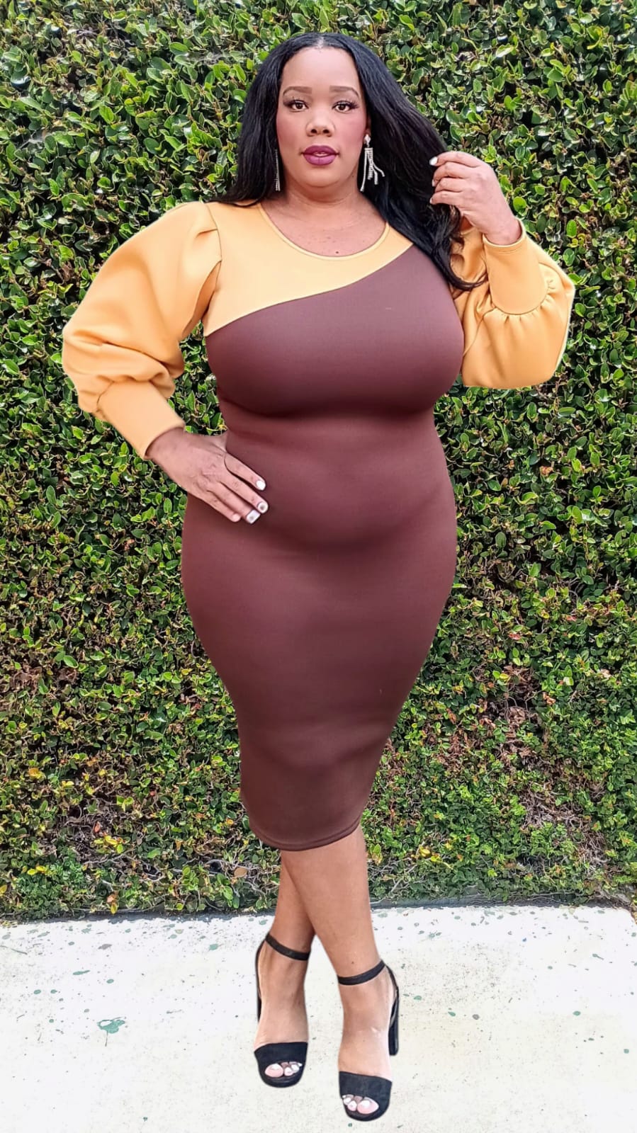 Plus Size Bishop Sleeves Smocked shoulder Two Tone Bodycon Dress