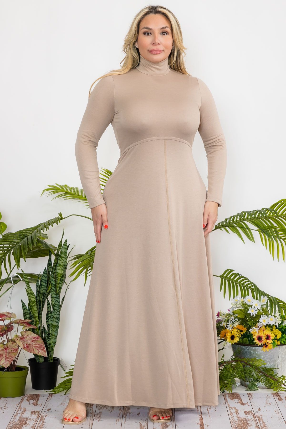 Plus Size Mock Neck Flare Maxi Dress with Zipper Back and French Terry Fabric