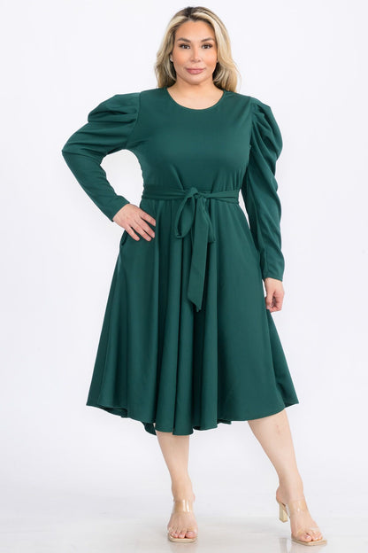 Plus Size Solid Smocked Cuff Raglan Sleeves Flare Midi Plated Dress With Belt