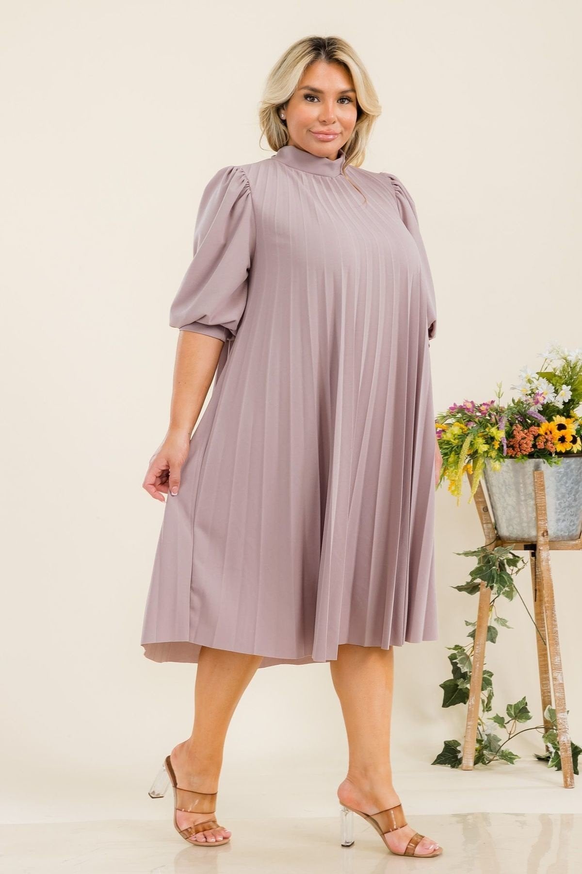 Plus Size Bishop Sleeve Pleated Knee Dress with Bow Tie Back