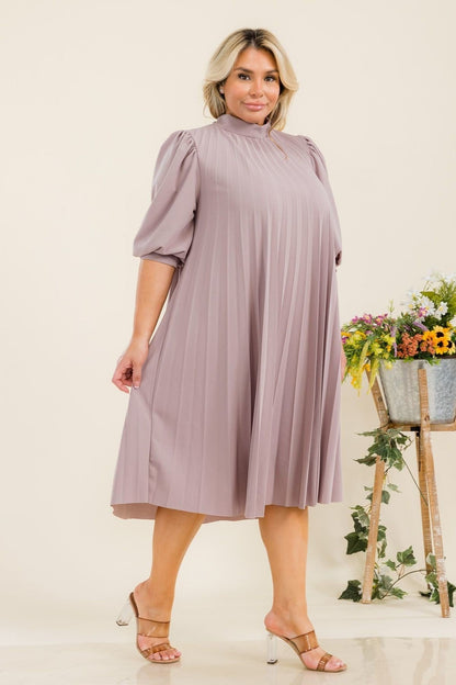 Plus Size Bishop Sleeve Pleated Knee Dress with Bow Tie Back