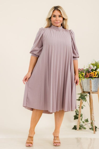 Plus Size Bishop Sleeve Pleated Knee Dress with Bow Tie Back