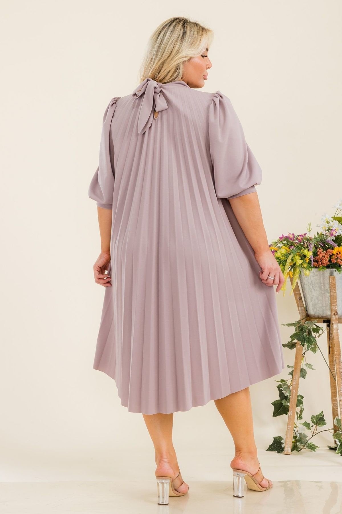 Plus Size Bishop Sleeve Pleated Knee Dress with Bow Tie Back