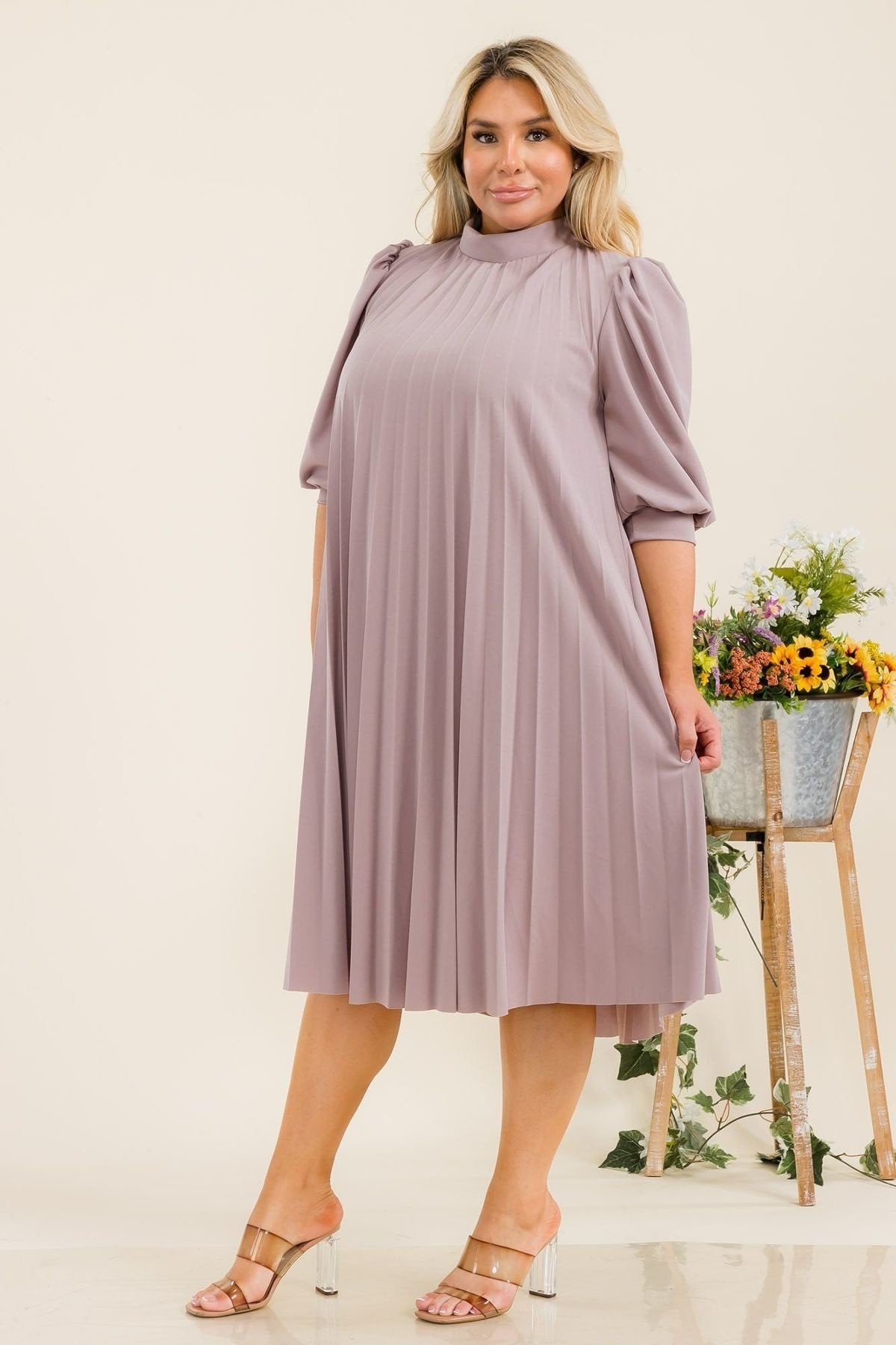 Plus Size Bishop Sleeve Pleated Knee Dress with Bow Tie Back
