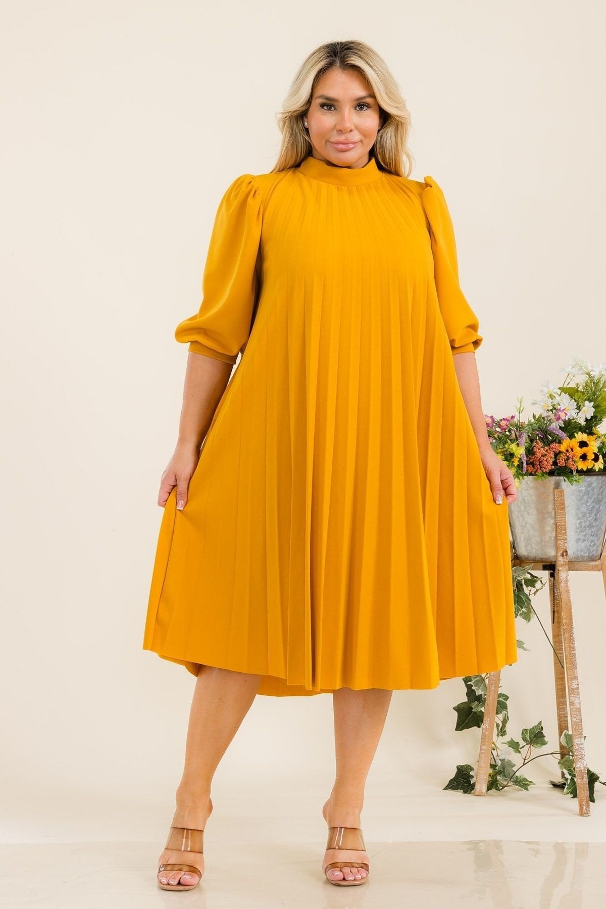 Plus Size Bishop Sleeve Pleated Knee Dress with Bow Tie Back