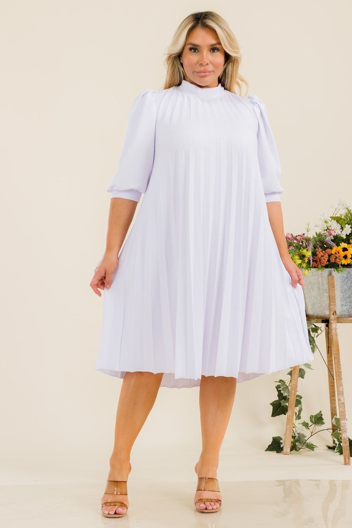 Plus Size Bishop Sleeve Pleated Knee Dress with Bow Tie Back