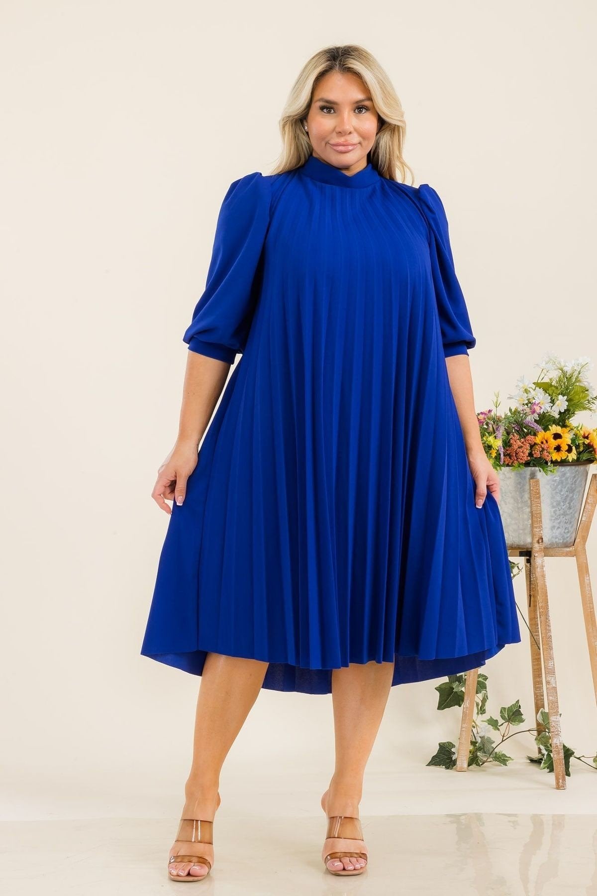 Plus Size Bishop Sleeve Pleated Knee Dress with Bow Tie Back