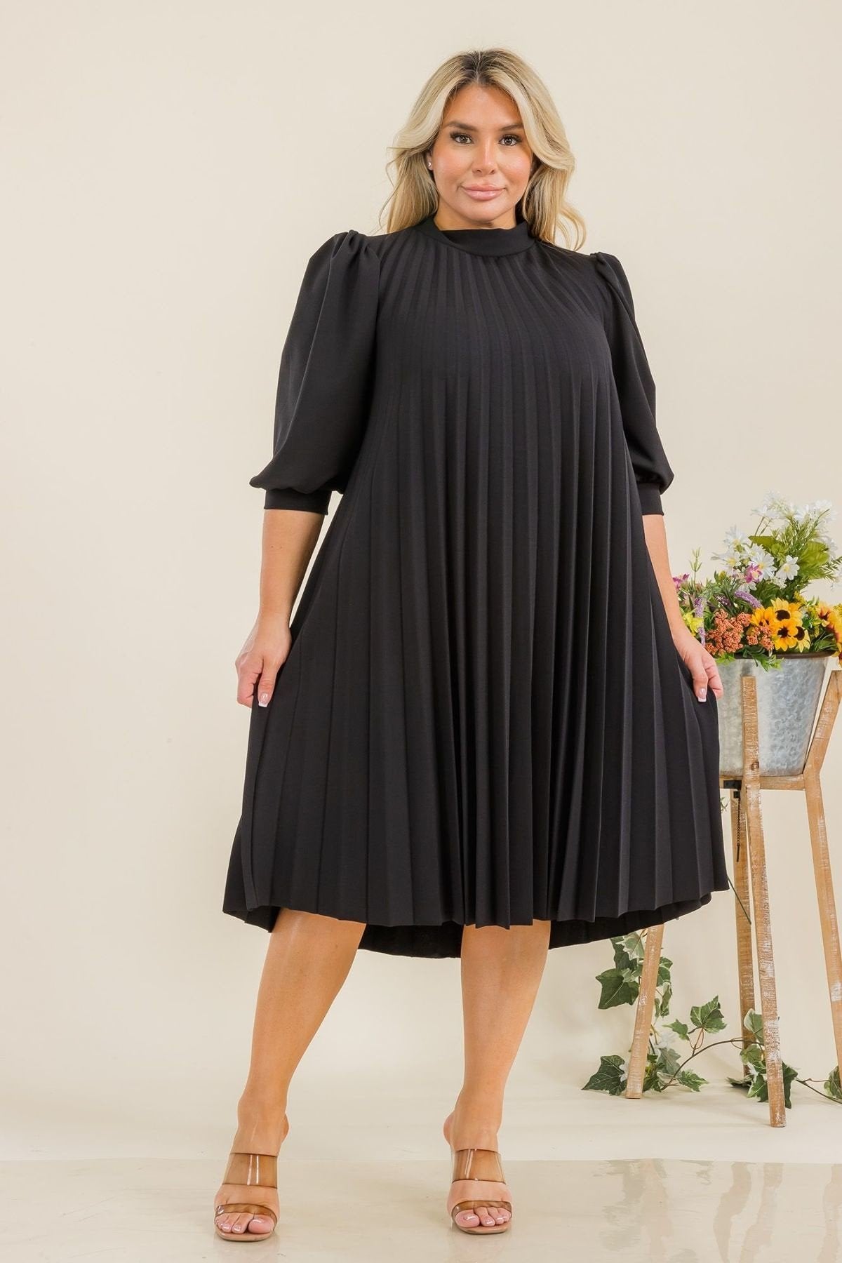Plus Size Bishop Sleeve Pleated Knee Dress with Bow Tie Back